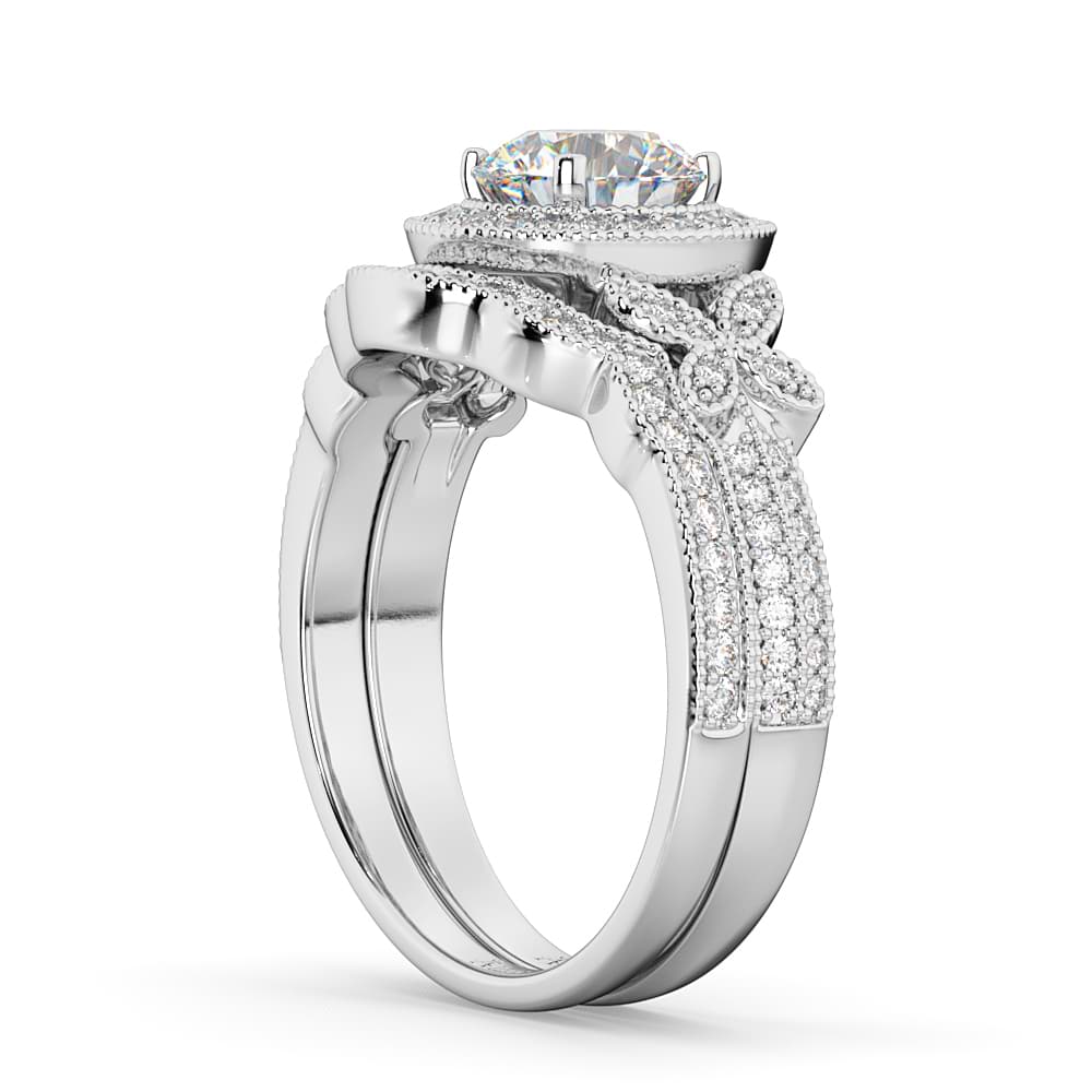 Butterfly Diamond Engagement Ring & Wedding Band 14k White Gold (0.58ct)
