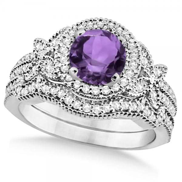 Butterfly Halo Diamond Amethyst Bridal Set in 14k White Gold (1.58ct)