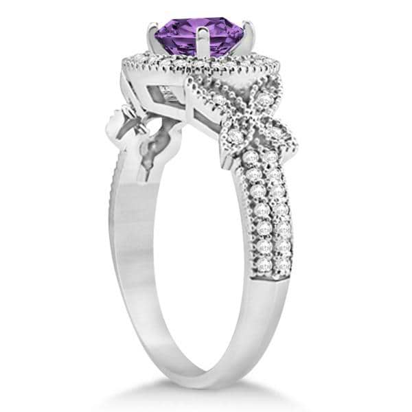 Butterfly Halo Diamond Amethyst Bridal Set in 14k White Gold (1.58ct)