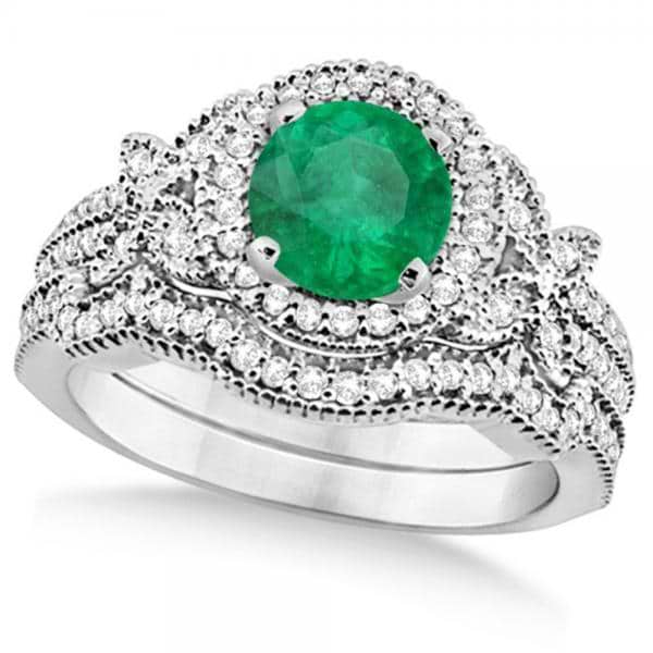 Butterfly Halo Diamond Emerald Bridal Set in 14k White Gold (1.58ct)