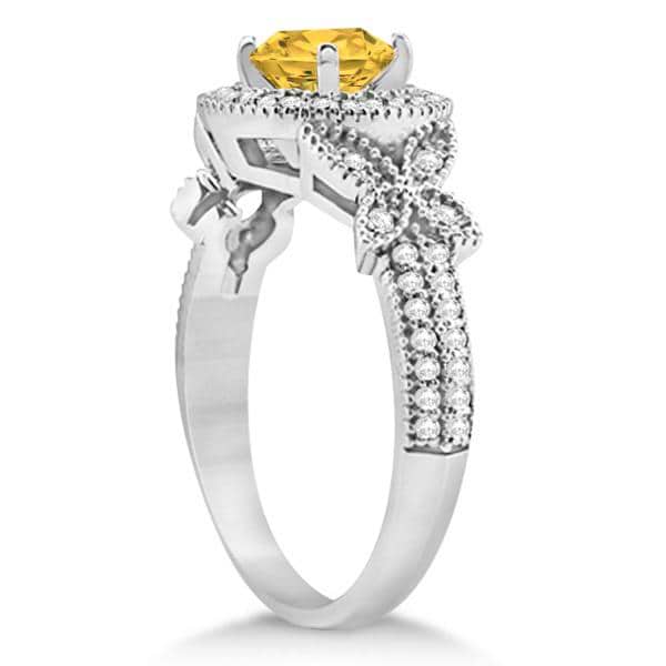 Butterfly Halo Diamond Yellow Sapphire Bridal Set in 14k White Gold (1.58ct)