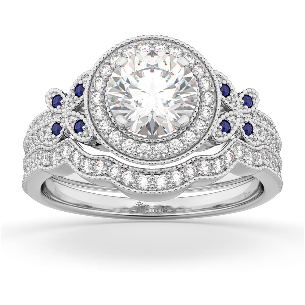 Butterfly Diamond & Sapphire Engagement Set 14k White Gold (0.50ct)