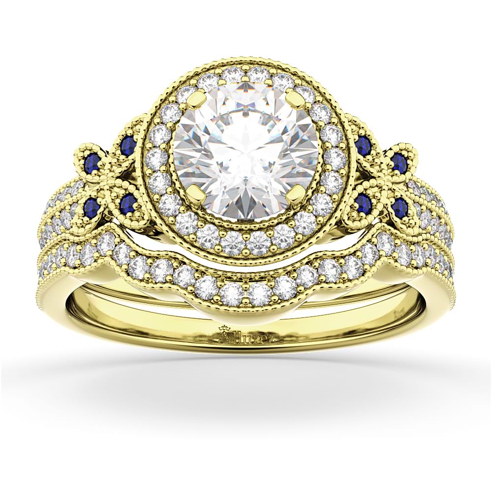 Butterfly Diamond & Sapphire Engagement Set 18k Yellow Gold (0.50ct)