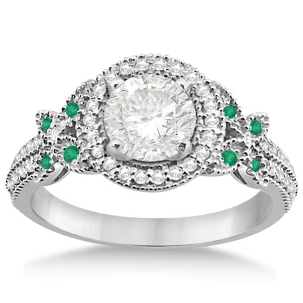 Halo Diamond & Emerald Butterfly Engagement Ring Palladium (0.35ct)
