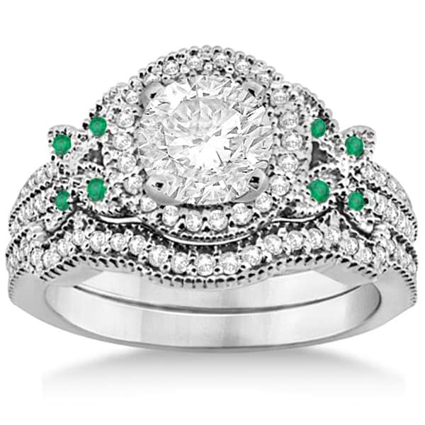 Butterfly Diamond & Emerald Engagement Ring & Band 14k White Gold (0.50ct)