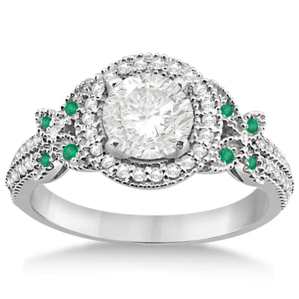 Butterfly Diamond & Emerald Engagement Ring & Band Platinum (0.50ct)