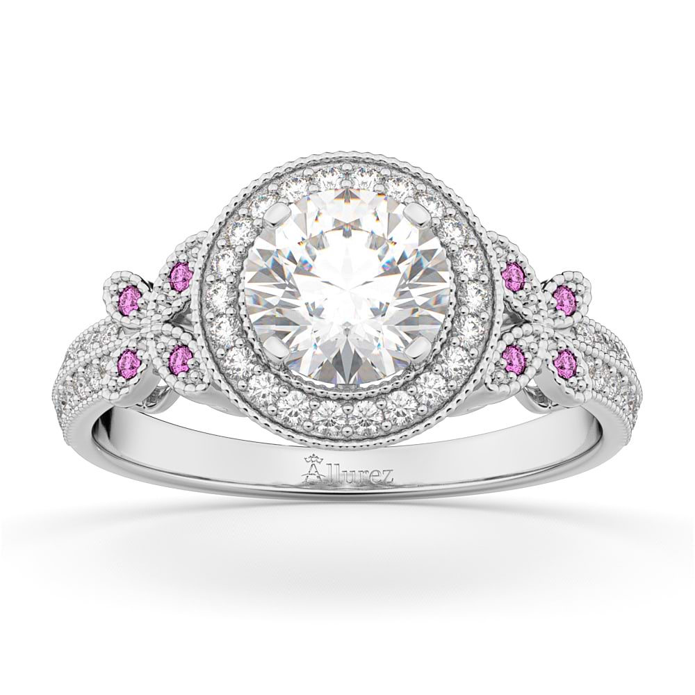 Diamond & Pink Sapphire Butterfly Engagement Ring 14k White Gold (0.35ct)