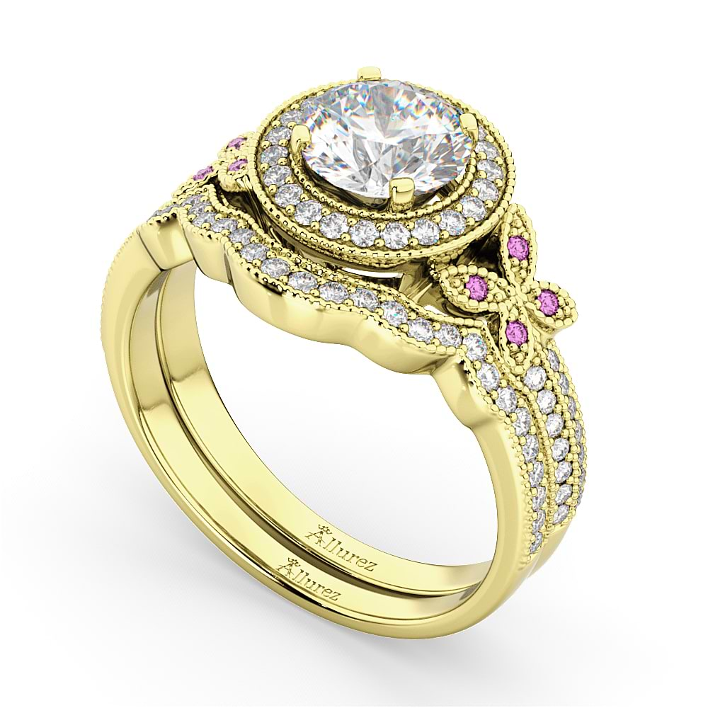 Butterfly Diamond & Pink Sapphire Engagement Set 14k Yellow Gold (0.50ct)