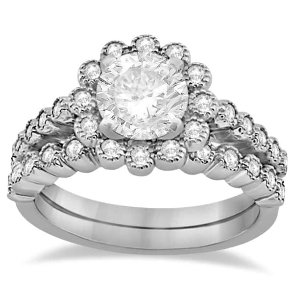 Diamond Halo Flower Engagement Ring & Wedding Band 14k White Gold (0.53ct)