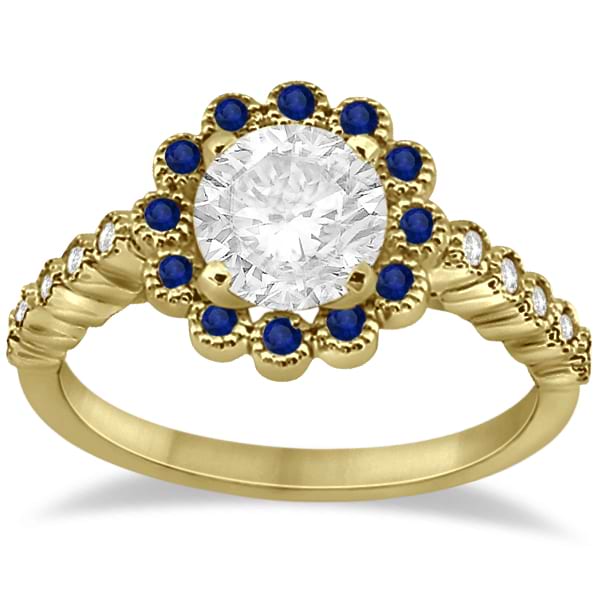 Flower Diamond & Blue Sapphire Engagement Ring 14k Yellow Gold (0.46ct)