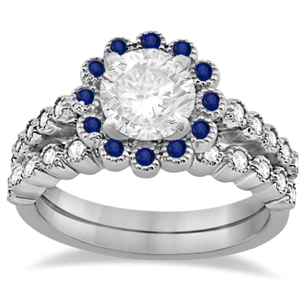Flower Diamond & Blue Sapphire Bridal Ring Set Platinum (0.66ct)