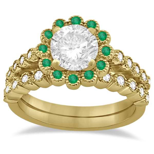 Flower Diamond and Emerald Bridal Ring Set 14k Yellow Gold (0.65ct)