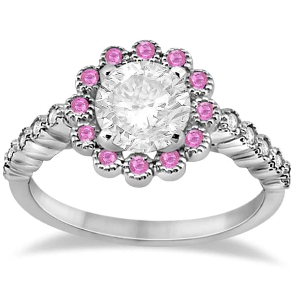 Flower Diamond & Pink Sapphire Engagement Ring 14k White Gold (0.46ct)