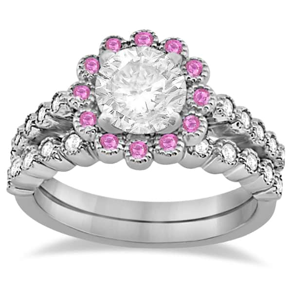 Flower Diamond & Pink Sapphire Bridal Ring Set 14k White Gold (0.66ct)