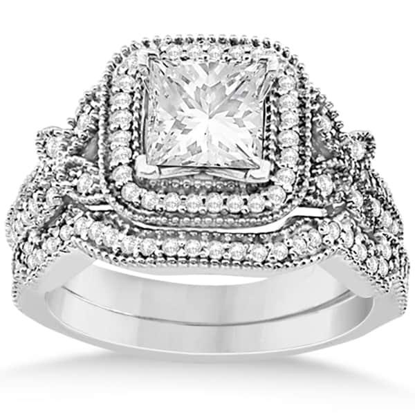 Butterfly Square Halo Design Diamond Bridal Set Platinum 0.51ct