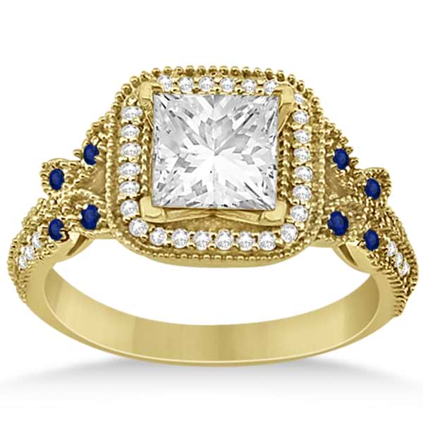 Butterfly Square Halo Sapphire Engagement Ring 14k Yellow Gold 0.34ct