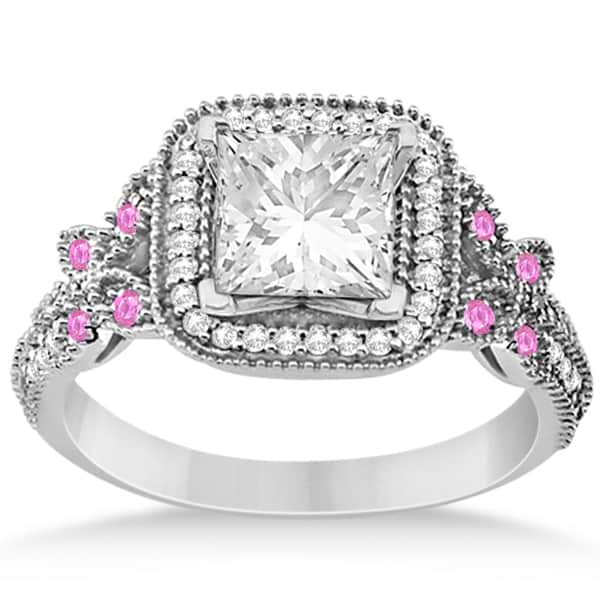 Pink Sapphire Accent Butterfly Engagement Ring 18k White Gold 0.34ct