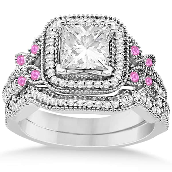 Pink Sapphire Accent Butterfly Halo Bridal Set 14k White Gold 0.51ct