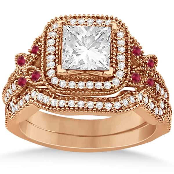Ruby Square Halo Butterfly Bridal Set 14k Rose Gold 0.51ct