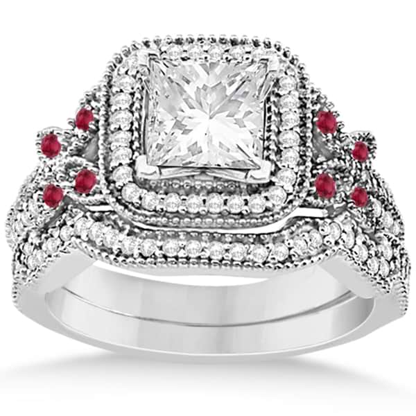 Ruby Square Halo Butterfly Bridal Set 14k White Gold 0.51ct