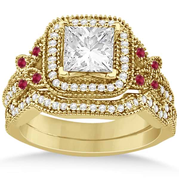 Ruby Square Halo Butterfly Bridal Set 14k Yellow Gold 0.51ct