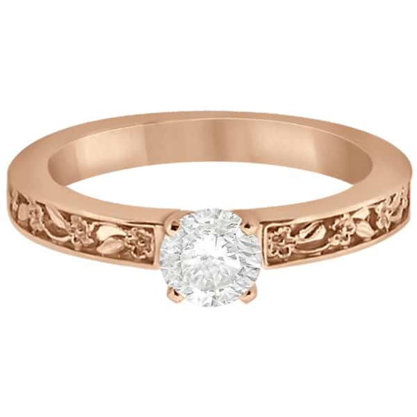 Flower Carved Solitaire Engagement Ring Setting 14kt Rose Gold