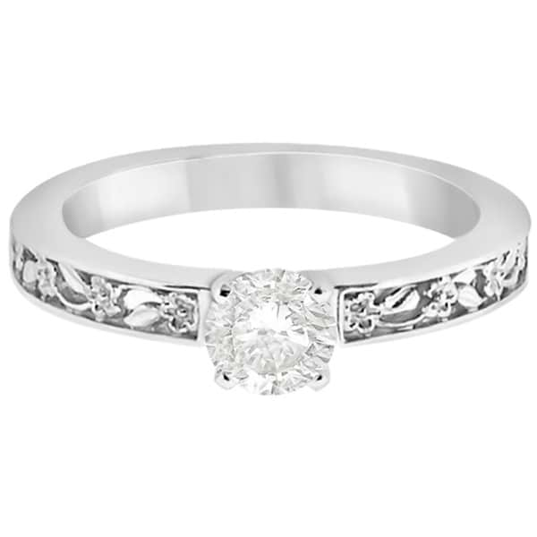 Flower Carved Solitaire Engagement Ring Setting 14kt White Gold