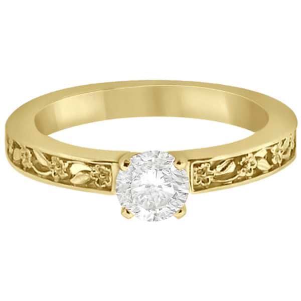 Flower Carved Solitaire Engagement Ring Setting 14kt Yellow Gold