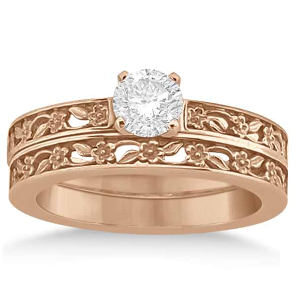 Flower Carved Solitaire Engagement Ring & Wedding Band 14kt Rose Gold