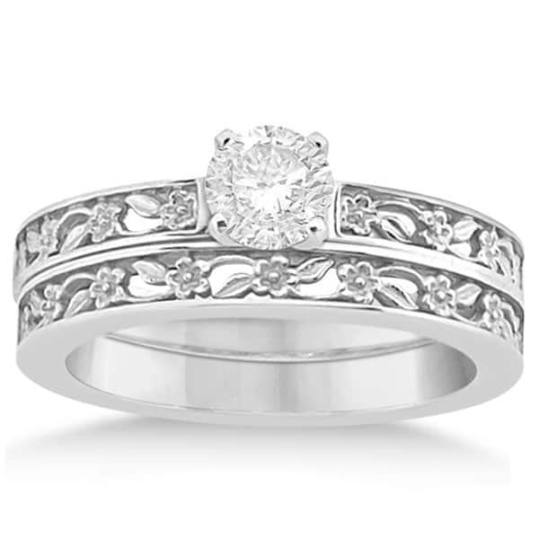 Flower Carved Solitaire Engagement Ring & Wedding Band 14kt White Gold
