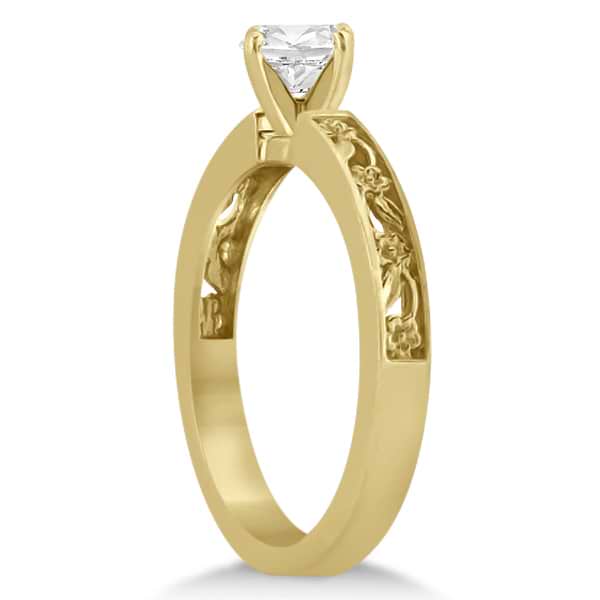 Flower Carved Solitaire Engagement Ring & Wedding Band 14k Yellow Gold