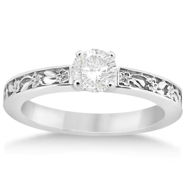 Flower Carved Solitaire Engagement Ring & Wedding Band 18kt White Gold