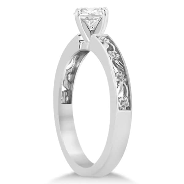 Flower Carved Solitaire Engagement Ring & Wedding Band 18kt White Gold