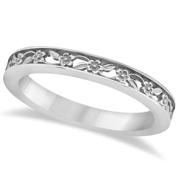 Flower Carved Solitaire Engagement Ring & Wedding Band 18kt White Gold