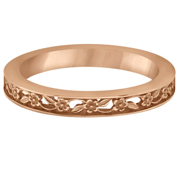Flower Carved Wedding Ring Filigree Stackable Band 14k Rose Gold