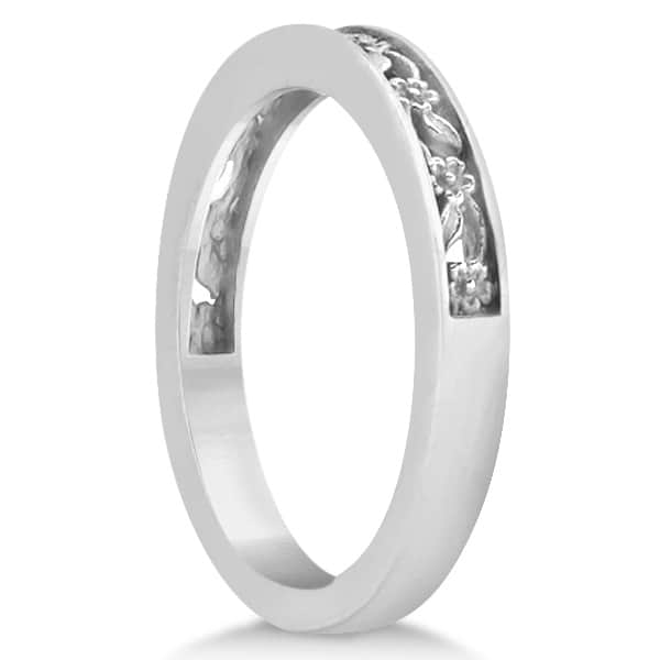 Flower Carved Wedding Ring Filigree Stackable Band 14kt White Gold
