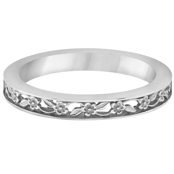 Flower Carved Wedding Ring Filigree Stackable Band 14kt White Gold