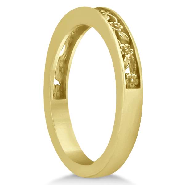 Flower Carved Wedding Ring Filigree Stackable Band 14k Yellow Gold
