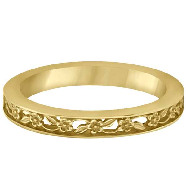 Flower Carved Wedding Ring Filigree Stackable Band 18k Yellow Gold
