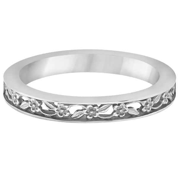 Flower Carved Wedding Ring Filigree Stackable Band Palladium