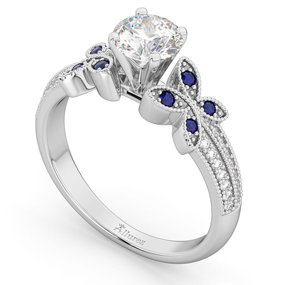 Diamond & Blue Sapphire Butterfly Engagement Ring 14K White Gold