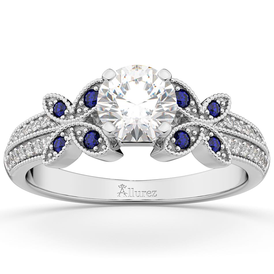 Diamond & Blue Sapphire Butterfly Engagement Ring 18K White Gold