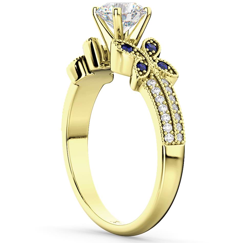 Diamond & Blue Sapphire Butterfly Engagement Ring 18K Yellow Gold