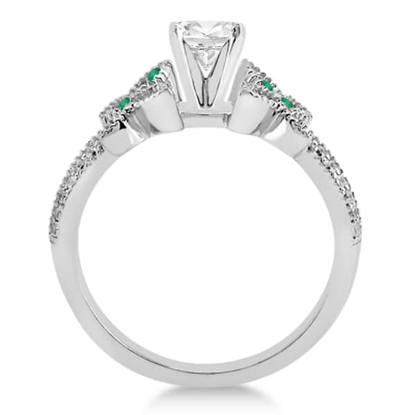 Diamond & Green Emerald Butterfly Engagement Ring 14K White Gold