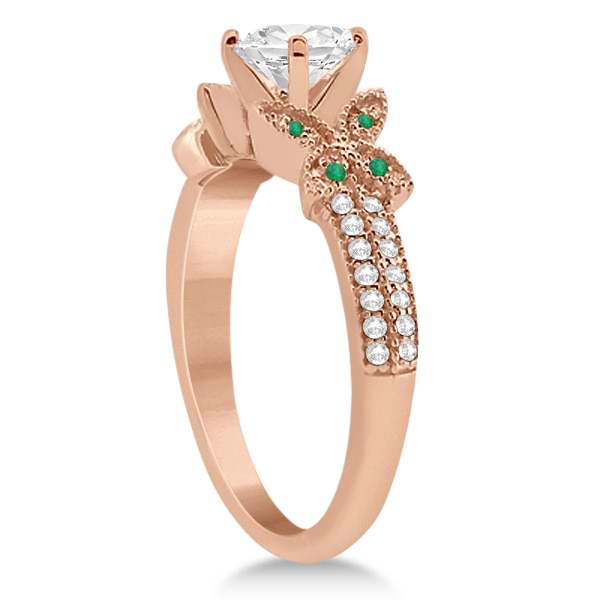 Diamond & Green Emerald Butterfly Engagement Ring 18K Rose Gold