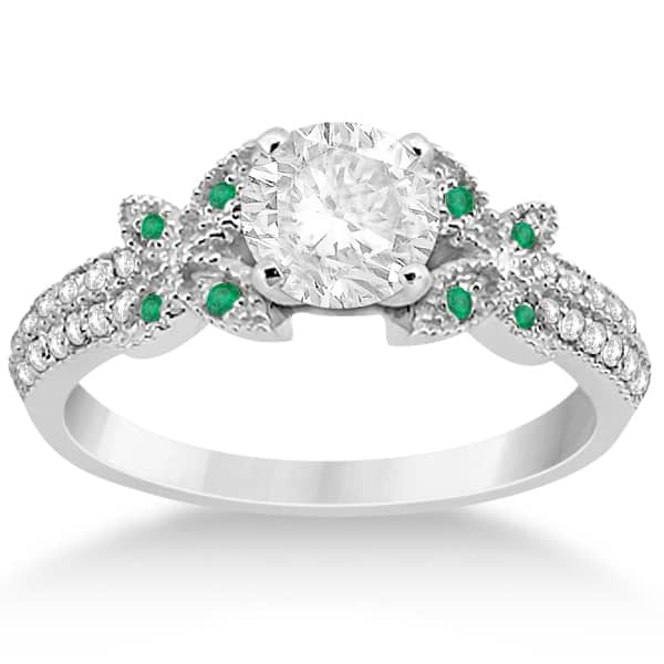 Diamond & Green Emerald Butterfly Engagement Ring 18K White Gold
