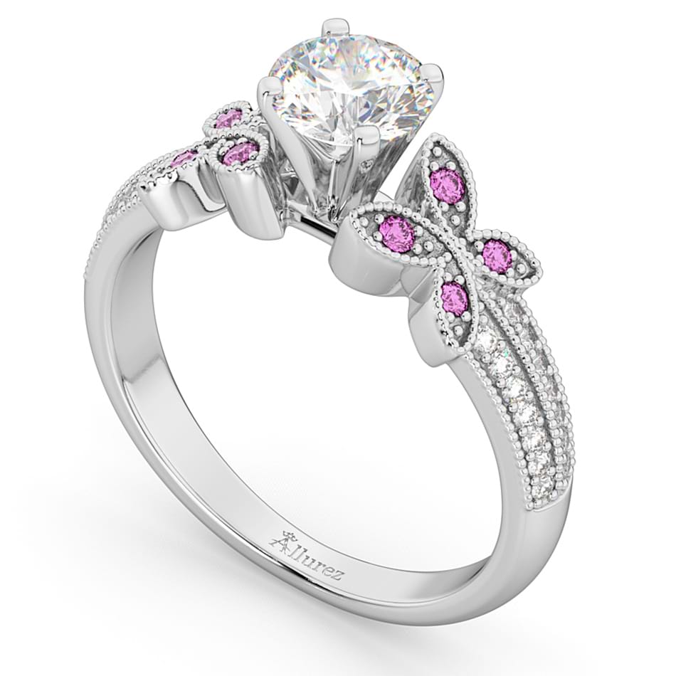 Diamond & Pink Sapphire Butterfly Engagement Ring 18K White Gold