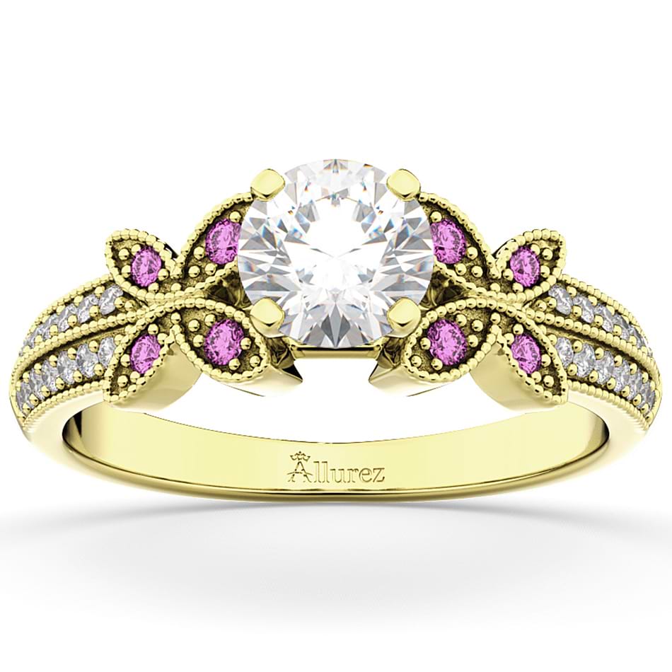 Diamond & Pink Sapphire Butterfly Engagement Ring 18K Yellow Gold