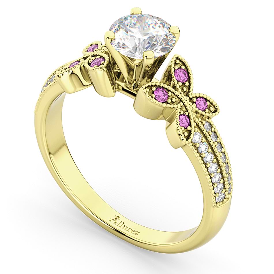 Diamond & Pink Sapphire Butterfly Engagement Ring 18K Yellow Gold