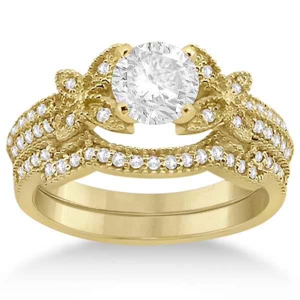 Butterfly Milgrain Diamond Ring & Wedding Band 14K Yellow Gold (0.40ct)